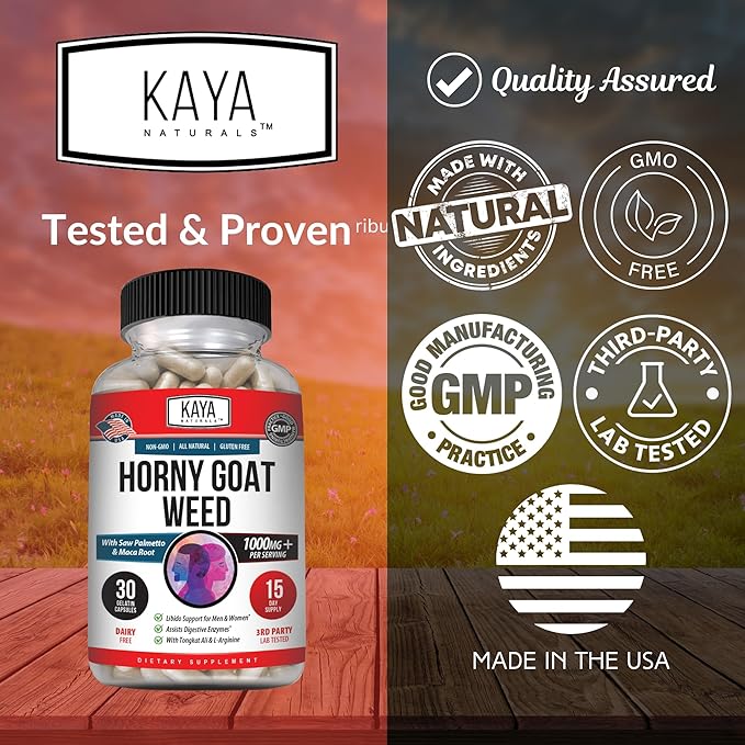 Kaya Naturals Horny Goat Weed for Men and Women - 1560mg Complex with Maca, Saw Palmetto, Ginseng, Arginine Vitamin Supplement - Horny Goat Weed - 30 Count