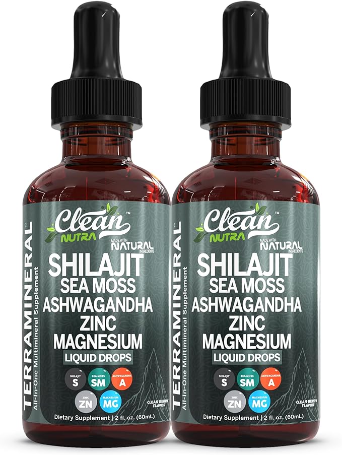 Shilajit Liquid Drops with Sea Moss, Ashwagandha, Zinc, Magnesium, Liquid Vitamins for Women and Men - Terra Mineral by Clean Nutra - 2Pack