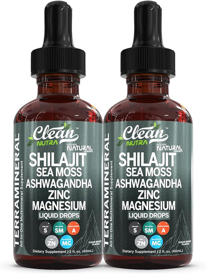 Shilajit Liquid Drops with Sea Moss, Ashwagandha, Zinc, Magnesium, Liquid Vitamins for Women and Men - Terra Mineral by Clean Nutra - 2Pack