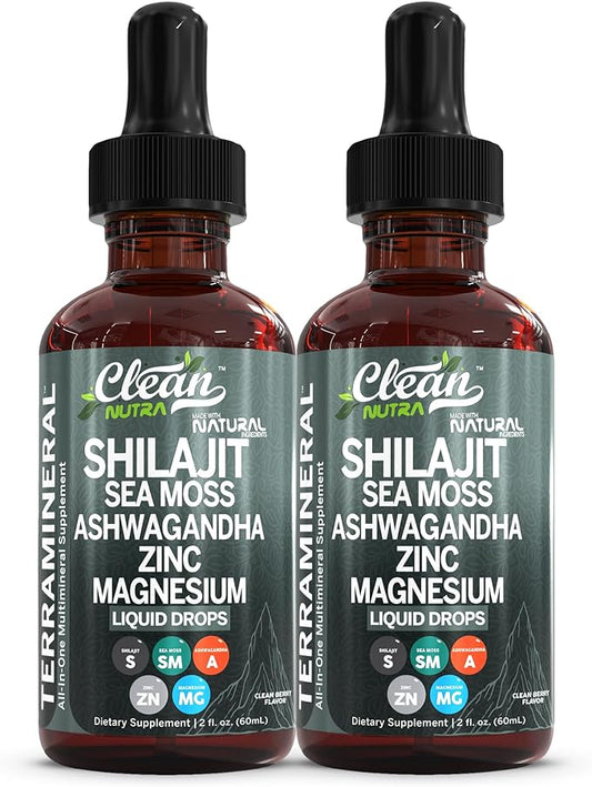 Shilajit Liquid Drops with Sea Moss, Ashwagandha, Zinc, Magnesium, Liquid Vitamins for Women and Men - Terra Mineral by Clean Nutra - 2Pack