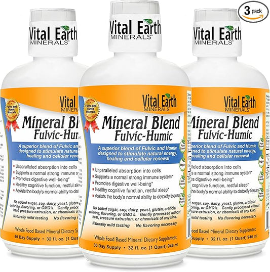 Vital Earth Minerals Fulvic Humic Mineral Blend Liquid 3-Pack – Fulvic Acid Supplement with 70+ Trace Minerals, Electrolytes for Recovery, Balance & Energy, 32 Oz Ea + 1 Oz Cup Ea