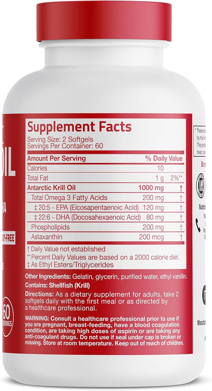 Bronson Antarctic Krill Oil 1000 mg with Omega-3s EPA, DHA, Astaxanthin and Phospholipids 120 Softgels