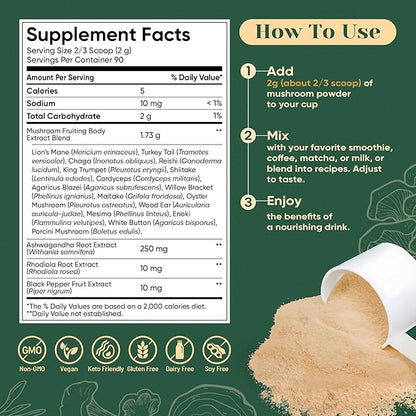Venture Pal Mushroom Powder – 16 Mushroom Blend with Adaptogens for Coffee & Tea | Ashwagandha, Lion’s Mane, Rhodiola | 10:1 Extract from 100% Fruiting Bodies | 90 Servings