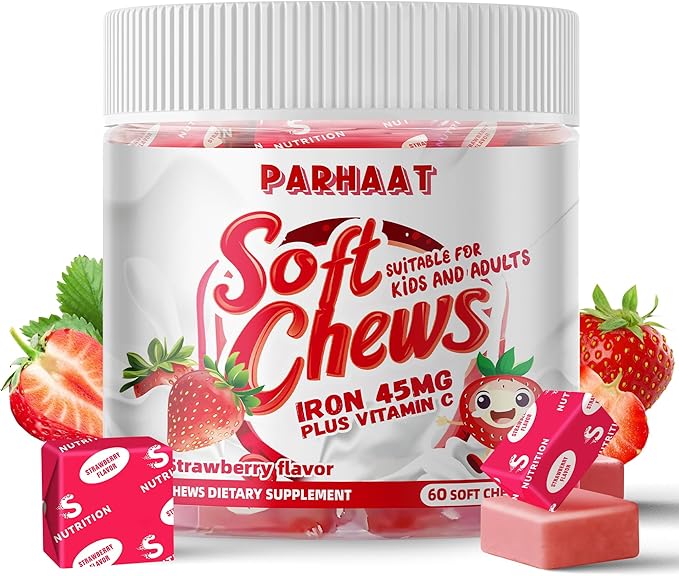 Iron Soft Chew Supplement with Vitamin C | Strawberry Flavored | Gluten Free | Iron Supplement for Women Men and Kids | 60 Count | 2 Month Supply