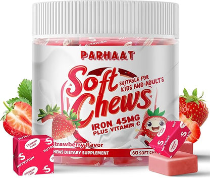 Iron Soft Chew Supplement with Vitamin C | Strawberry Flavored | Gluten Free | Iron Supplement for Women Men and Kids | 60 Count | 2 Month Supply