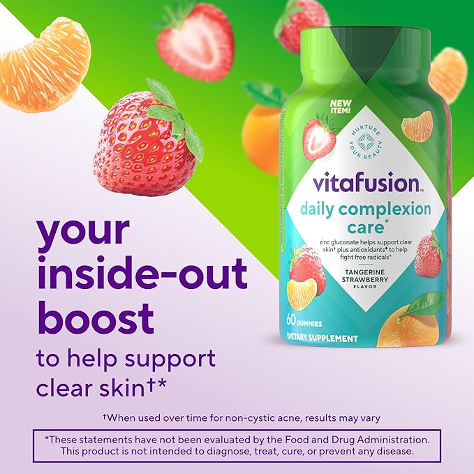 vitafusion Daily Complexion Care (1), Beauty Supplement Helps Support Clear Skin (1) (2) with Zinc Gluconate, Plus Vitamins E & C, Tangerine Strawberry Flavor, 60 Count