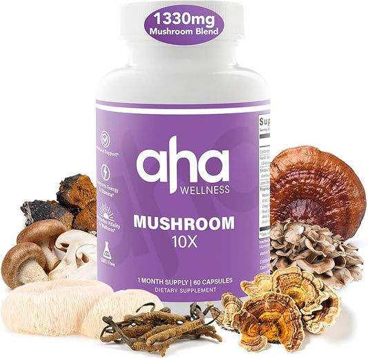 10X Mushroom Supplement, 10 Mushroom Blends Formula, Lions Mane, Turkey Tail, Cordyceps, Reishi, Chaga & More, Immune & Energy Support, 30 Servings, GMO Free