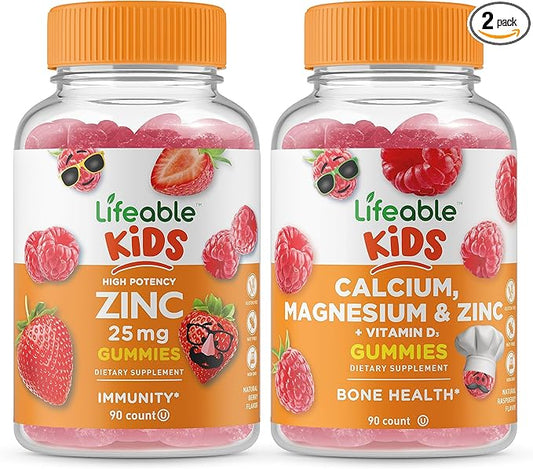 Lifeable Zinc 25mg Kids + Calcium Magnesium & Zinc Kids, Gummies Bundle - Great Tasting, Vitamin Supplement, Gluten Free, GMO Free, Chewable Gummy