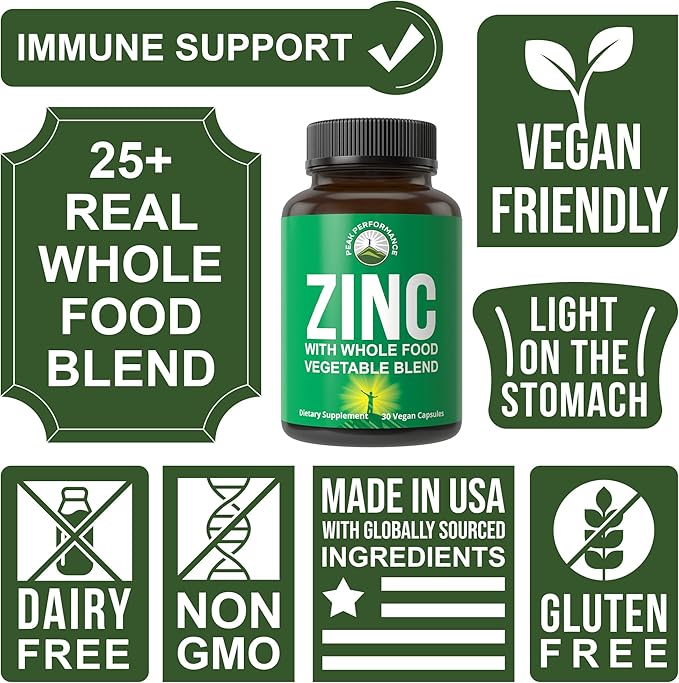 Vegan Zinc Supplement with Vitamin C + Whole Food Blend of 25 Vegetables and Fruits for Max Absorption. Zinc Supplements 30mg Capsules, Pills, Tablets, Vitamins for Adults Both Men and Women