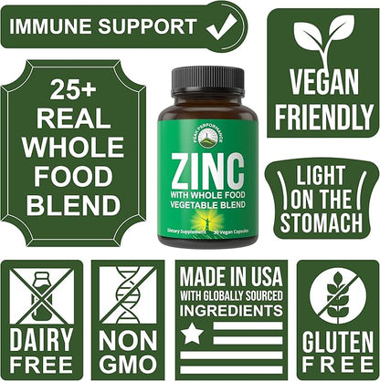 Vegan Zinc Supplement with Vitamin C + Whole Food Blend of 25 Vegetables and Fruits for Max Absorption. Zinc Supplements 30mg Capsules, Pills, Tablets, Vitamins for Adults Both Men and Women