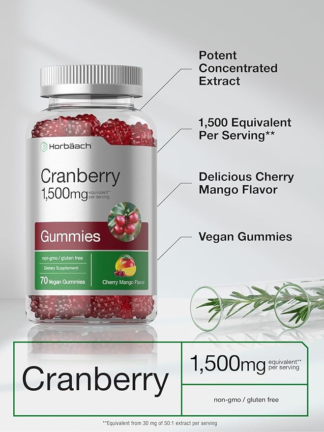 Horbäach Cranberry Gummies | 70 Count | Vegan, Non-GMO, and Gluten Free Supplement | High Potency Extract Formula
