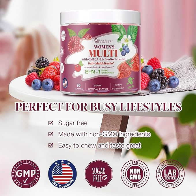 Multivitamin for Women, Womens Multivitamin Gummy w/Omega-3, Inositol, Folate, Biotin, Vitamins A, C, D3, E, B12 for Heart, Brain, Hair, Energy & Immune, Sugar-Free Gummies, Berry Flavor, 90 Cts