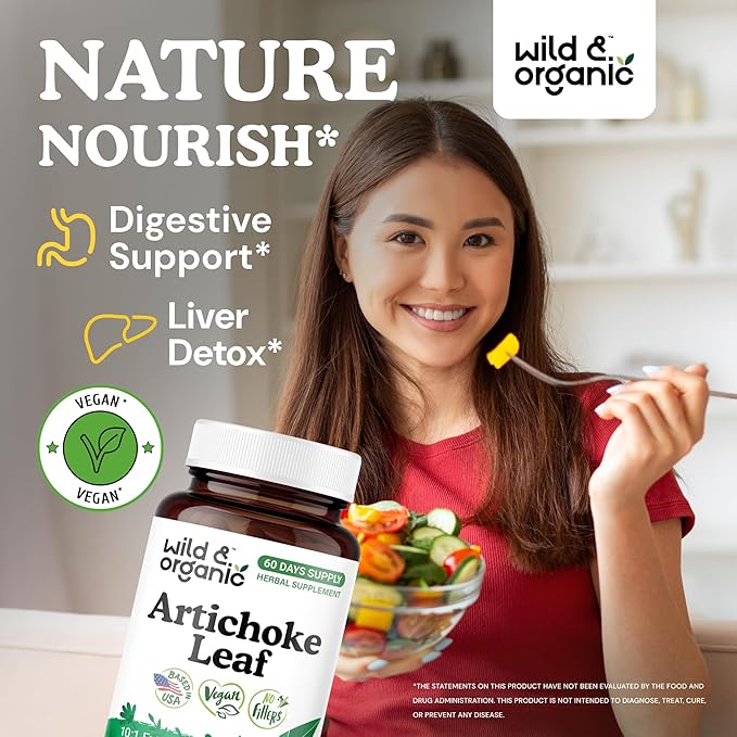 Wild & Organic Artichoke Extract Capsules 500 mg - Liver & Digestive Support - Artichoke Leaf Extract Supplement - Cynara Scolymus Leaf Powder - Vegan, No Fillers, Non-GMO - 60 Count