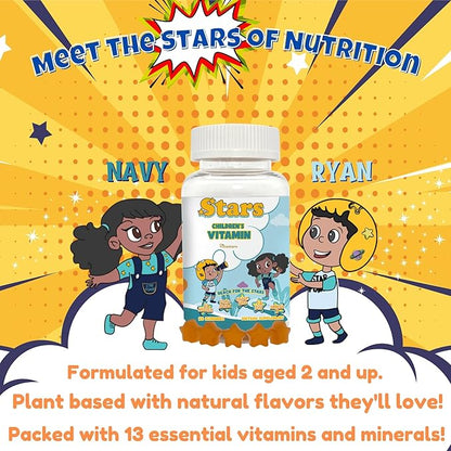 Stars Kids Multivitamin Gummies with Omega 3, Vitamins for Kids with A, B, C, D, Plant Based Multi Vitamins for Children, Manganese, 60 Star-Shaped Multivitamin for Kids, Gluten-Free Gummy Vitamins