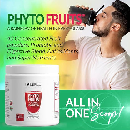 IVL - Phyto Fruits Superfood Powder - Support Energy - Digestive & Probiotic - Antioxidant - Vegan - 40 Fruits and Nutrients Plus 6 Probiotic Strains (30 Servings, 8.88 oz)