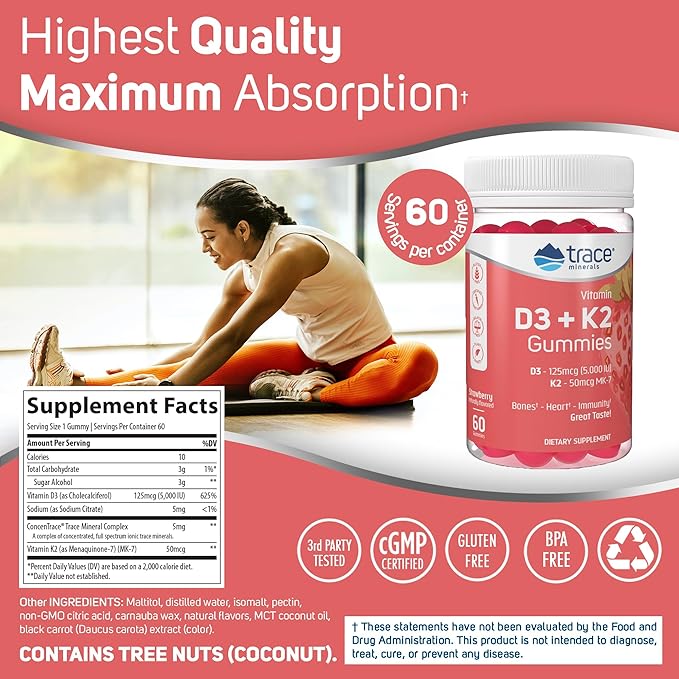 Trace Minerals | Vitamin D3 + K2 Gummies | 5,000 IU D3 + 50 mcg K2 | Vegan, Sugar Free, Gluten Free, Natural Strawberry Flavor | 60 Servings