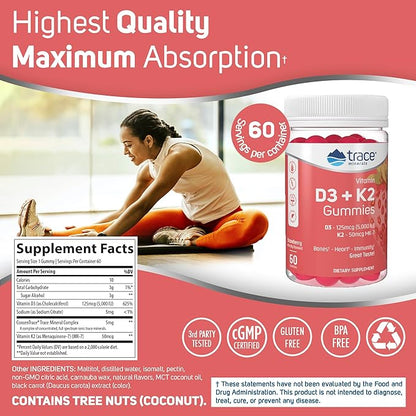 Trace Minerals | Vitamin D3 + K2 Gummies | 5,000 IU D3 + 50 mcg K2 | Vegan, Sugar Free, Gluten Free, Natural Strawberry Flavor | 60 Servings