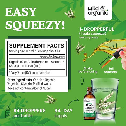 Wild & Organic Black Cohosh Liquid Drops 540 mg - Herbal Supplements for Women - Liquid Black Cohosh Extract Tincture - 2-Month Supply - Vegan, Sugar & Alcohol-Free - 2 fl oz