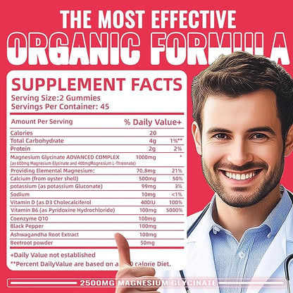 Magnesium Glycinate Gummies 2500mg - Sugar Free Magnesium Potassium Supplement with Vitamin D, B6, CoQ10 for Calm Mood & Sleep Support - 90 Watermelon Gummies
