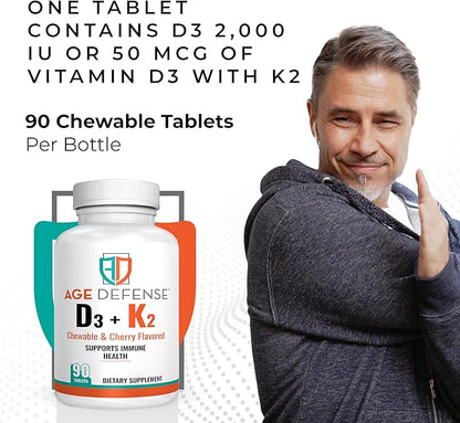 Vitamin D3 2000 IU with K2-90 Chewable Tablets with Cherry Flavoring-Natural Energy Booster-Supports Vitality, Immune Health, & Overall Wellness-Vitamin D3 with Vitamin K2 for Men & Women