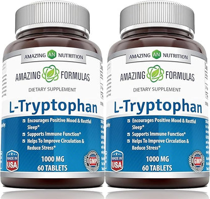 Amazing Formulas L-Tryptophan 1000mg Tablets Supplement | Non-GMO | Gluten Free | Made in USA (60 Count | 2 Pack)
