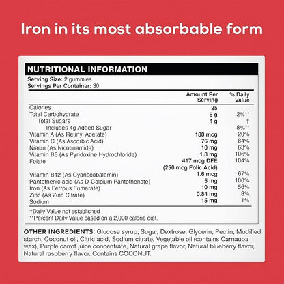 Natural Iron Supplement for Women and Men with a Delicious Mixed Berry Flavor - Chewable Vegan Iron Supplements w/Vitamin C, Zinc, Folic Acid & B Vitamins - 60 Iron Gummies for Anemia