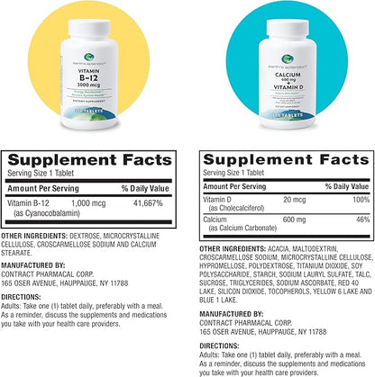 Earth's Splendor Energy + Bone Support Energy Bundle: Vitamin B12 & Calcium+Vitamin D Bundle. Gluten Free, No Artificial Flavors or Colors, Helps Energy Metabolism & Bone Health