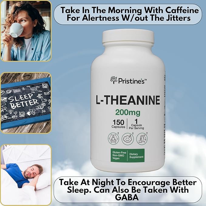PRISTINE'S L Theanine Sleep Quality Support Amino Acid Supplement - 200MG 150 Day Supply - Relaxation & Mood Support Capsules - Vegan Non-GMO & Gluten Free
