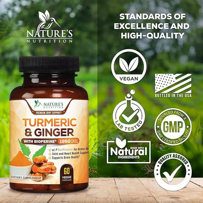 Turmeric Curcumin Supplement 1950mg with Organic Turmeric & Ginger, 95% Curcuminoids, BioPerine Black Pepper for Best Absorption, Nature's Vegan Joint Support, Non-GMO, Bottled in USA - 60 Capsules