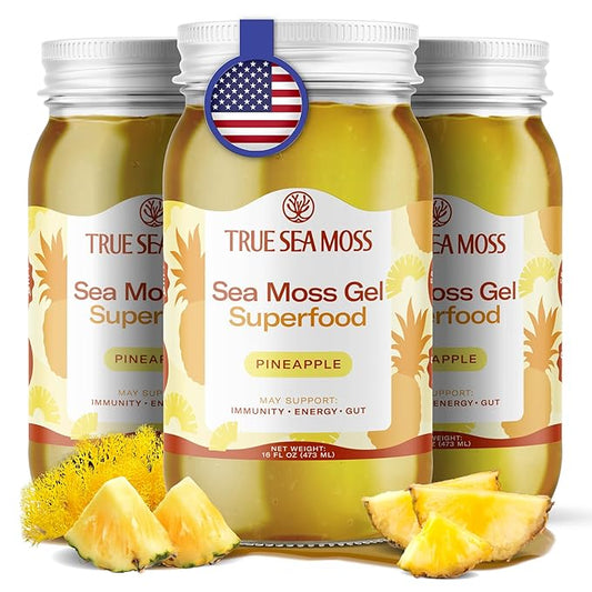 TrueSeaMoss Sea Moss Gel – Made in USA – Wildcrafted Seamoss, Fresh Fruits & Sea Vegetables – Pineapple, Pack of 3 (Labels may Vary)