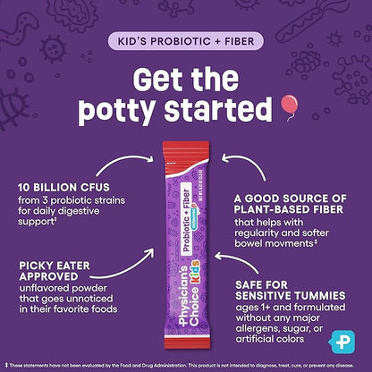 Physician's Choice Kids Probiotic + Prebiotic Fiber Packets (Ages 1+) - Supports Regularity, Occasional Constipation & A Healthy Digestive System - No Allergens or Preservatives - Unflavored - 24 Pack