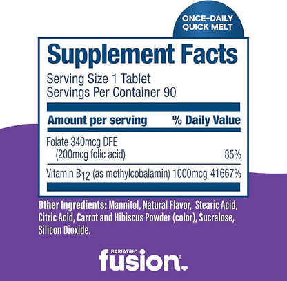 Bariatric Fusion Vitamin B12 Sublingual 1000 mcg Melts | Grape Flavored | Vitamin B12 Dissolve Under Tongue Tablets with Folic Acid | Sugar Free | Methylcobalamin | 90 Count