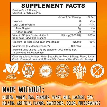 Center-Filled Vitamin D3 K2 Gummies - Kids, Teens & Adults - Supplement for Healthy Teeth, Bone, Energy & Immunity - 5000 IU D3, 120 mcg K2(MK-7), 120 mg Calcium - Vegan & Non-GMO - 60 Count