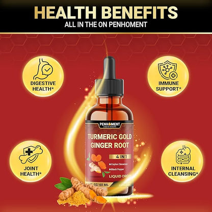 4in1 Liquid Turmeric Curcumin Drops Extract with Ceylon Cinnamon, Ginger and Black Pepper for Joint Support - 2FL oz - 60 Servings