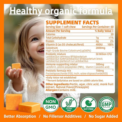 Colostrum Chews Supplement with probiotics for Gut Health, Bloating, Immune Support, Skin, Hair Growth and Beauty - Orange Flavor (60 Servings)