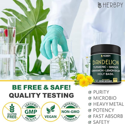 Dandelion Root Supplement 7500mg 6in1 for Digestion, Heart Health & Immune - Blended with Ginger, Turmeric Curcumin, Ceylon Cinnamon, Lemon Balm & Holy Basil - 100 Dandelion Capsules