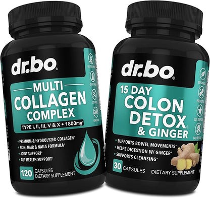 Collagen Peptides & Colon Cleanse Detox - 15 Day Colon Cleanse Pills & Ginger - Multi Collagen for Women & Men Complex Capsules, Skin, Hair & Nails - Bowel Movement Supplements for Stomach Bloating