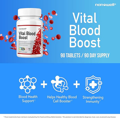 Vital Blood Boost - Dietary Supplement for White and Red Blood Cell Support - Iron with Selenium, Zinc, Vitamin B12 & Folic Acid - 90 Tablets x 4 Bottles, 360 Day Supply