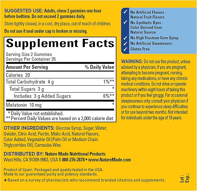 Nature Made Melatonin 10mg per serving Gummies for Adults, Maximum Strength Dosage Sleep Aid, 100% Drug Free, 70 Count Melatonin Gummies, 35 Day Supply