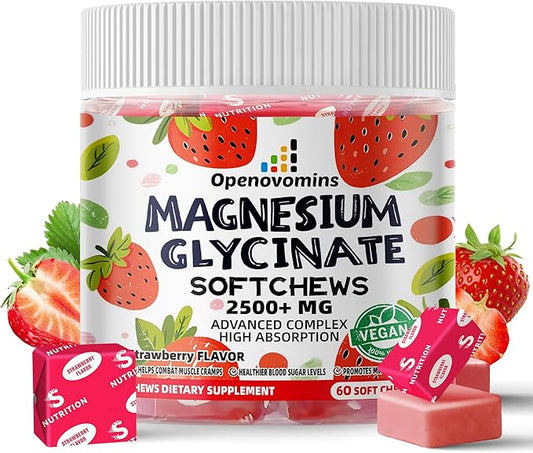 Magnesium Glycinate Soft Chews, Strawberry Flavor.Chewable Sugar Free Potassium Magnesium Chews with Magnesium Glycinate, Vitamin D, B6, and CoQ10 for Calm Support & Sleep for Adults, 60 Days Supply
