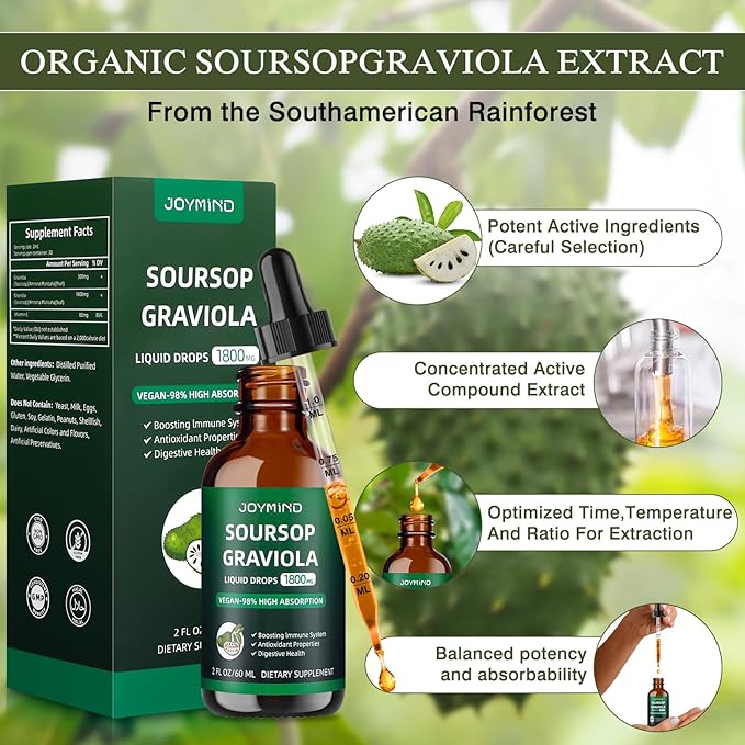 Graviola Soursop Leaf Extract Liquid - Soursop Bitters Liquid, Immune Boost, Relax, Liver and Sleep, Vegan, Sugar & Gluten Free, 98% Absorption Rate, Natural Flavor, 2 Month Supply 60ML