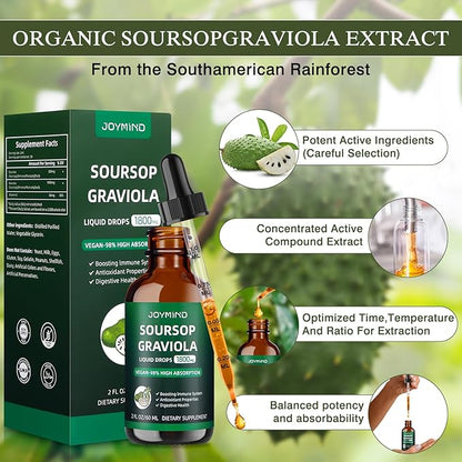 Graviola Soursop Leaf Extract Liquid - Soursop Bitters Liquid, Immune Boost, Relax, Liver and Sleep, Vegan, Sugar & Gluten Free, 98% Absorption Rate, Natural Flavor, 2 Month Supply 60ML