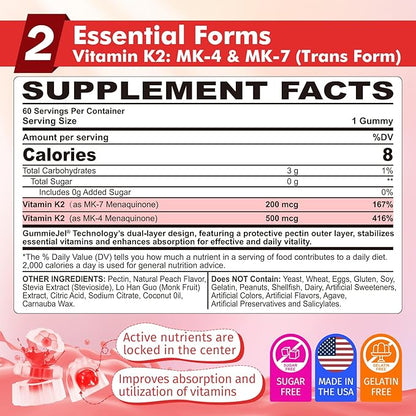 Vitamin K2 Gummies MK-7 200 mcg & MK-4 500 mcg for Women & Men Sugar Free, Perfect 2-IN-1 Full Spectrum Vitamin K2 Supplement for Bone, Promotes Calcium Absorption, Brain, Teeth, Immune, Pack of 2