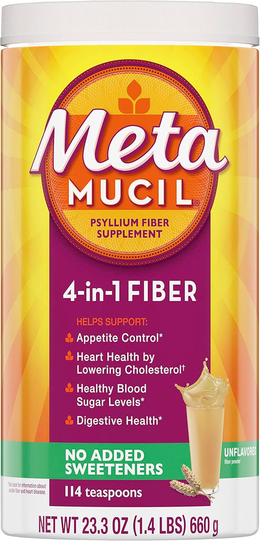 Metamucil, Unflavored Psyllium Husk Powder Fiber Supplement, Plain wih No Added Sweeteners, 4-in-1 Psyllium Husk Fiber Powder for Digestive Health, #1 Doctor Recommended Fiber Brand, 114 teaspoons