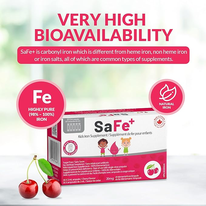 SaFe+ Liquid Iron for Children | Great Tasting Cherry Flavor | Easy to Use 20mg/2mL Iron per ampule | 30 Unit-Doses (2 ml Each) I Sugar Free & Allergen Free I Maintain Physical & Mental Wellbeing