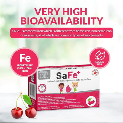 SaFe+ Liquid Iron for Children | Great Tasting Cherry Flavor | Easy to Use 20mg/2mL Iron per ampule | 30 Unit-Doses (2 ml Each) I Sugar Free & Allergen Free I Maintain Physical & Mental Wellbeing