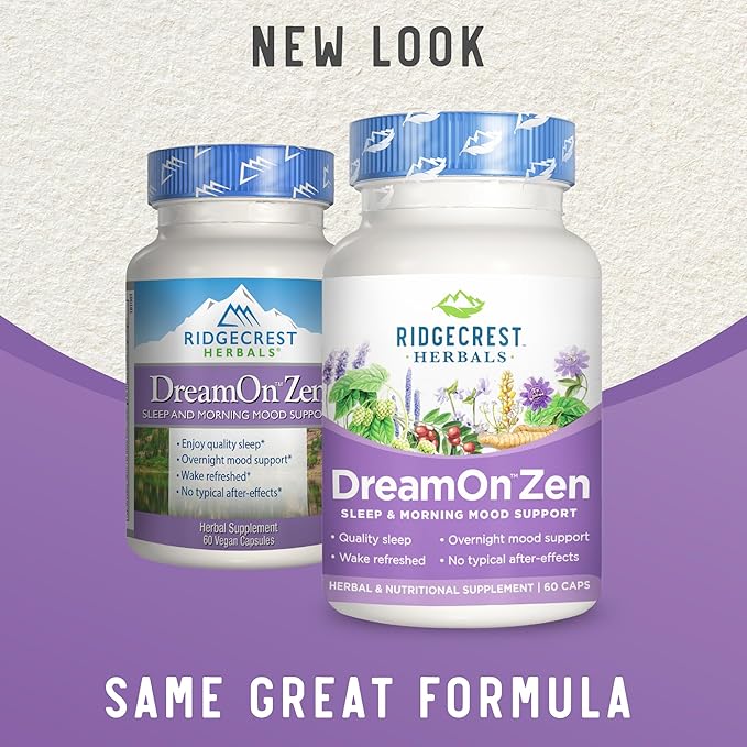 Ridgecrest Herbals DreamOn Zen, Sleep Support Supplement, Melatonin Free, Magnesium, 5-HTP, Lavender, Chamomile, Valerian, Lemon Balm for Adults and Children 12+ (60 Caps, 30 Serv)
