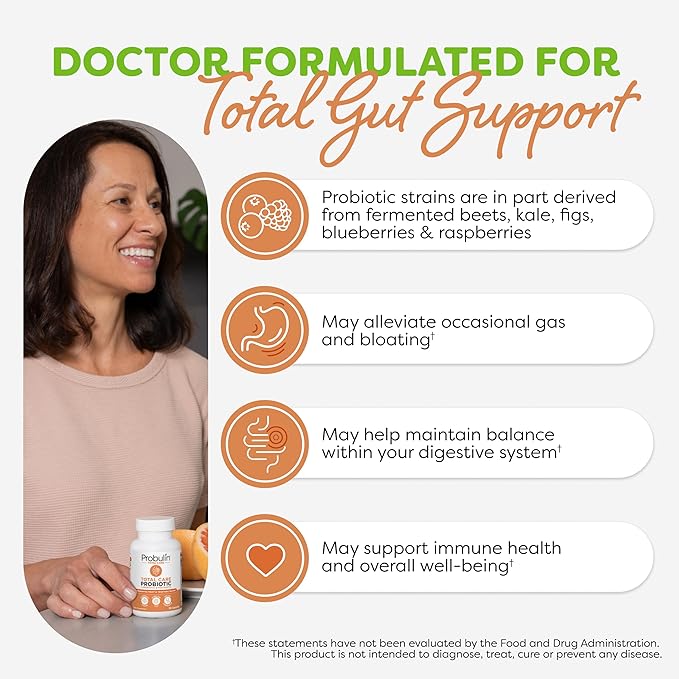 Probulin Total Care Probiotic Supplement, Daily Gut, Digestive, and Immune Health Probiotics Capsules for Men and Women, 20 Billion CFU, Vegan, 30 Count Bottle