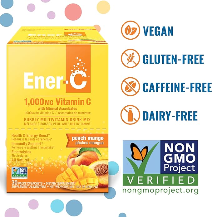 Ener-C Multivitamin Drink Mix - Vitamin Packets for Water, Electrolytes Powder Packets, Vitamin Drink Mix, Hydration Liquid Mix, Immune Booster for Adults, Healthy Energy - Peach Mango, 60 Count