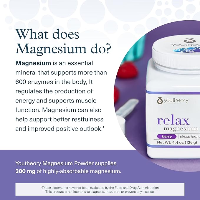 Youtheory Relax Magnesium Powder - Vegan Stress Relief Supplement with L-Theanine & GABA* - Supports Relaxation* - Dairy, Soy & Gluten Free - Berry, 4.4 oz